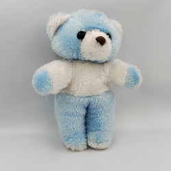 Ancien doudou peluche ours bleu blanc