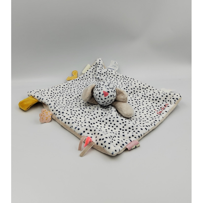 Doudou plat chien blanc beige pois bleu Amy et Zoé NOUKIES NOUKIE'S