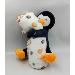 Doudou oiseau pingouin bleu blanc couverture plaid TOM & KIDDY TOMKIDS