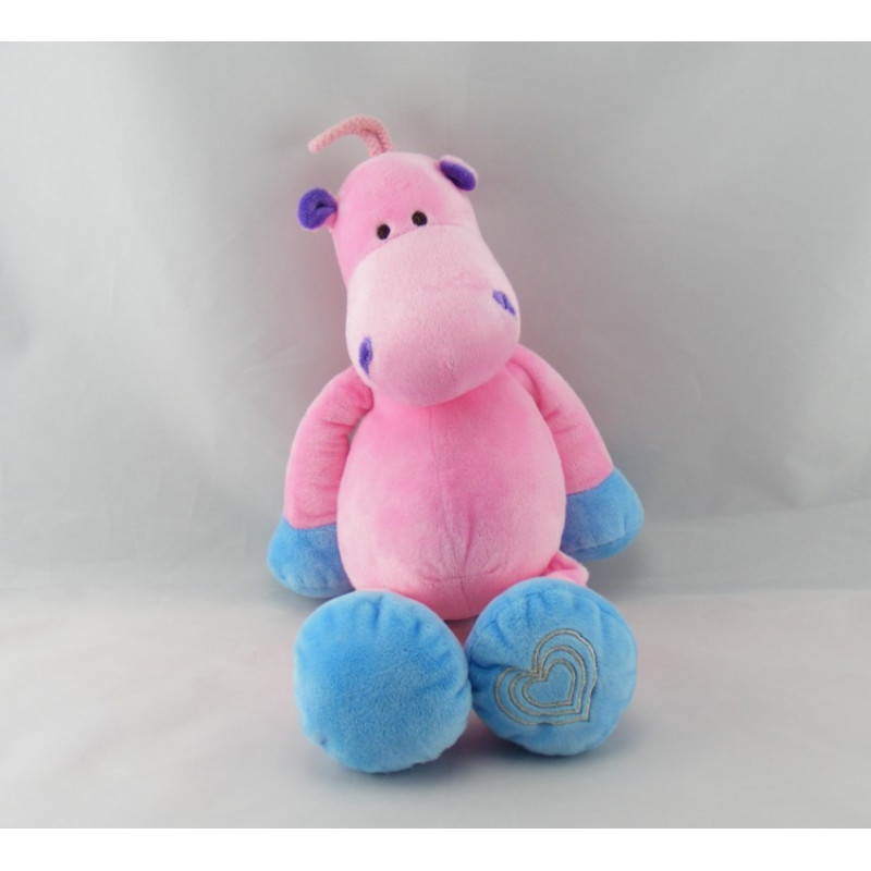 Doudou animal colore hippopotame rose bleu EMC