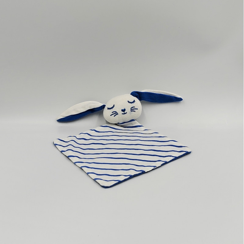 Doudou plat lapin blanc bleu rayé TAO TAPE A L'OEIL