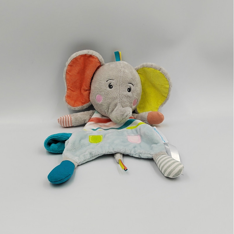 Doudou plat éléphant gris jaune orange vert bleu BEBE CONFORT