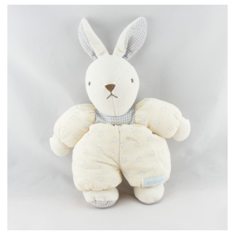 Doudou lapin beige écru robe fleur vichy bleu NOUNOURS