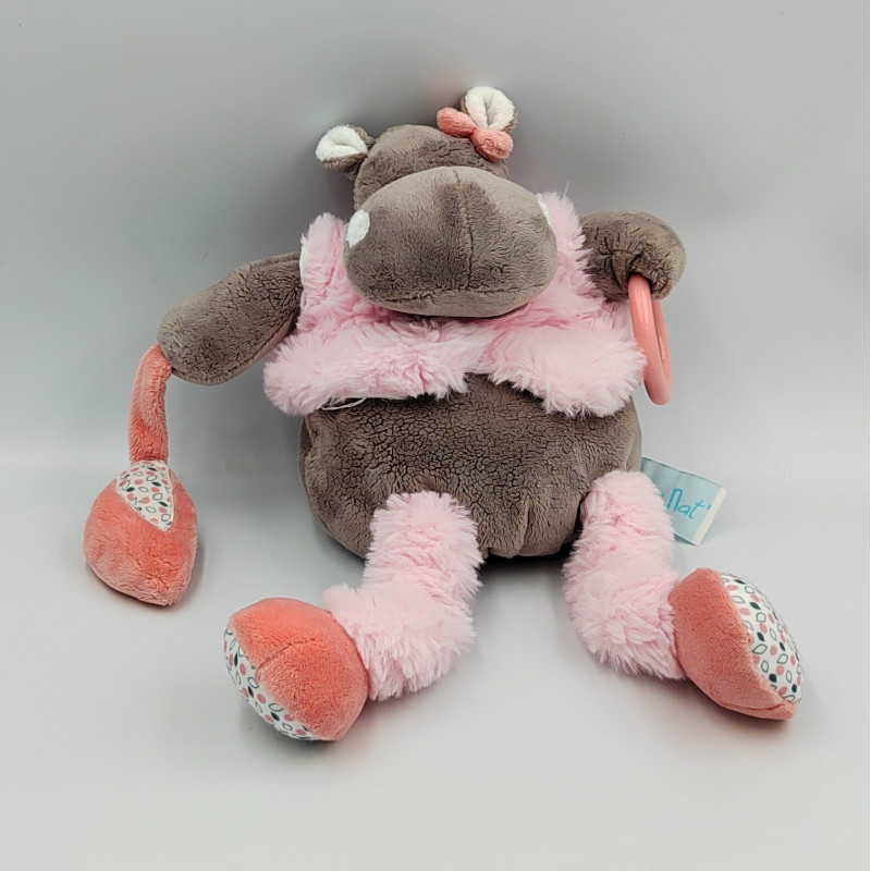 Doudou Hippopotame marron rose Zoé hochet BABY NAT