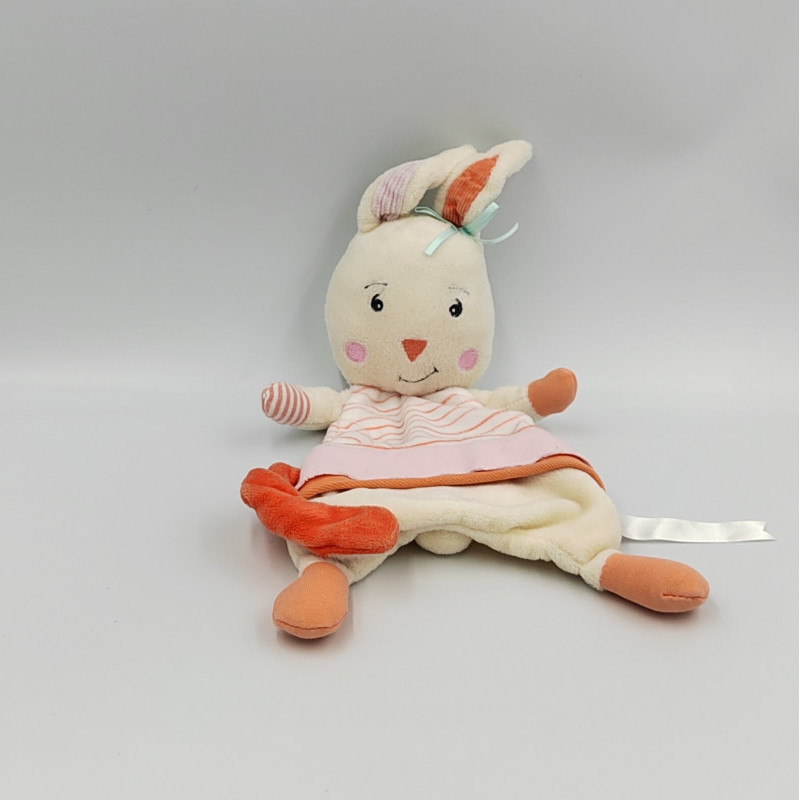 Doudou plat lapin blanc écru orange rayé BEBE CONFORT