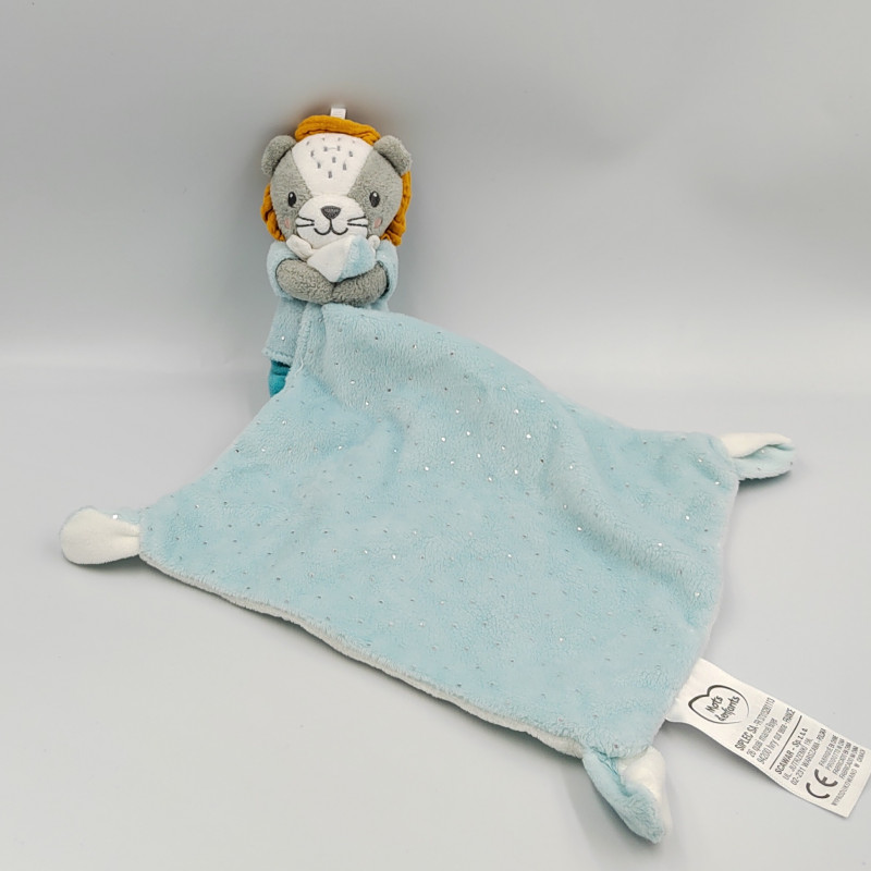 DOUDOU LION BLEU GRIS ORANGE MOUCHOIR