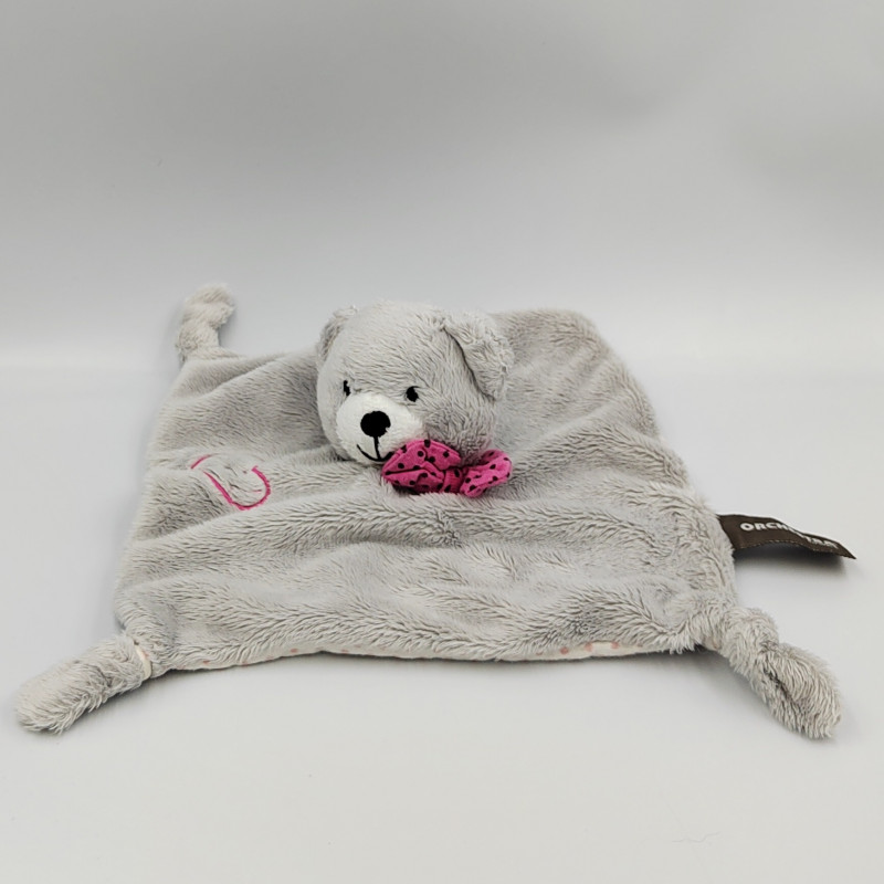 Doudou plat ours gris blanc rose pois ORCHESTRA