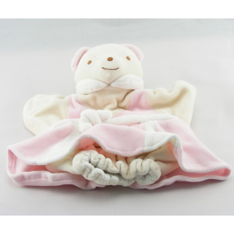 Doudou plat marionnette ours robe rose blanc NOUNOURS NEUF