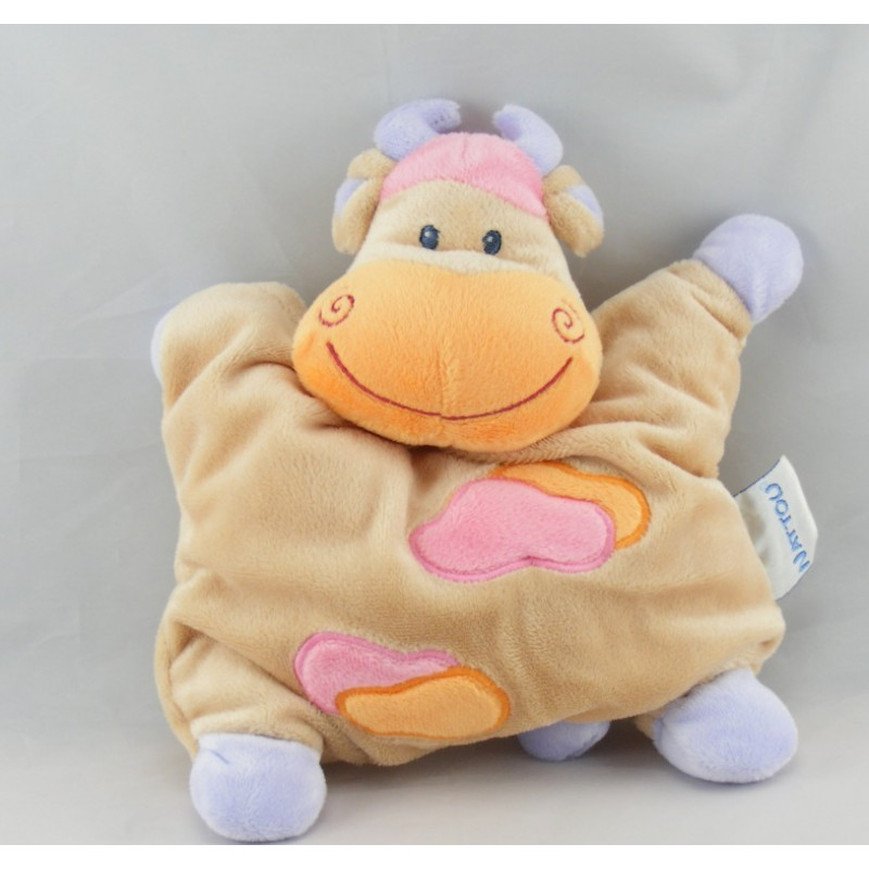 Doudou semi plat girafe vache beige taches orange rose NATTOU NEUF
