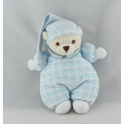 Doudou ours éponge blanc carreaux bleu capuche Nounours 