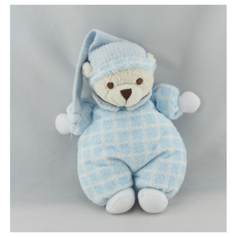 Doudou ours éponge blanc carreaux bleu capuche Nounours 