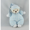 Doudou ours éponge blanc carreaux bleu capuche Nounours 