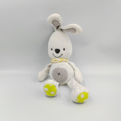 Doudou musical lapin blanc gris jaune pois foulard orange rayé