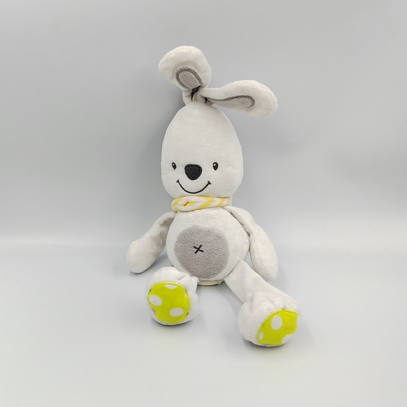 Doudou musical lapin blanc gris jaune pois foulard orange rayé
