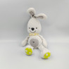 Doudou musical lapin blanc gris jaune pois foulard orange rayé