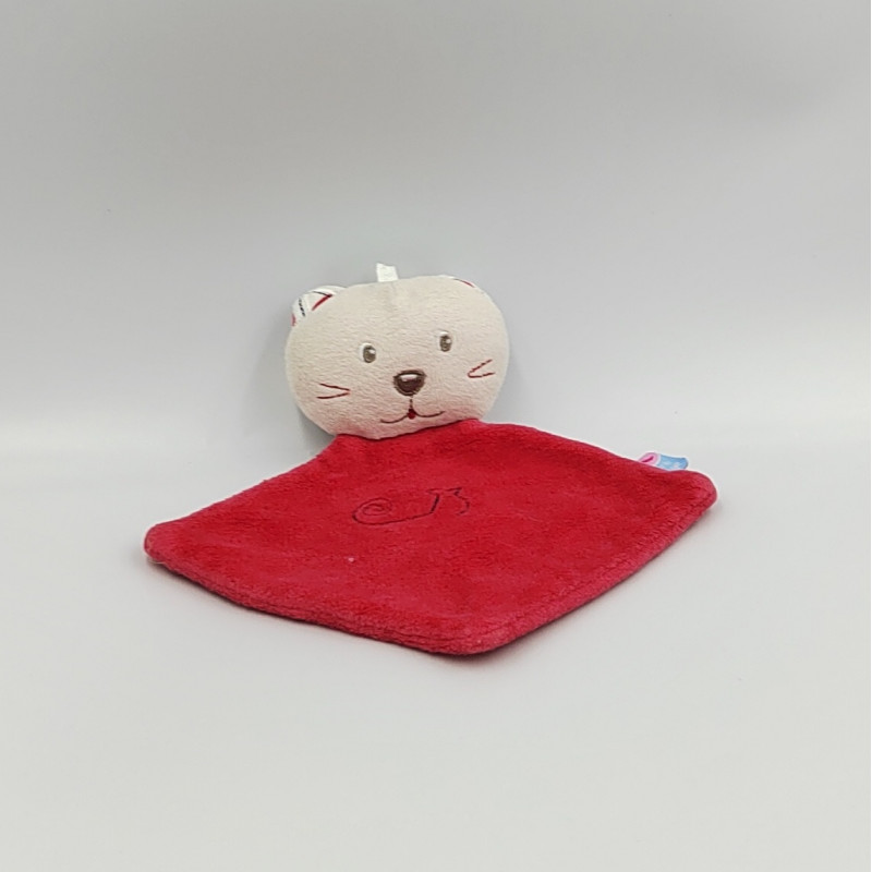 Doudou plat chat ours beige rouge SUCRE D'ORGE