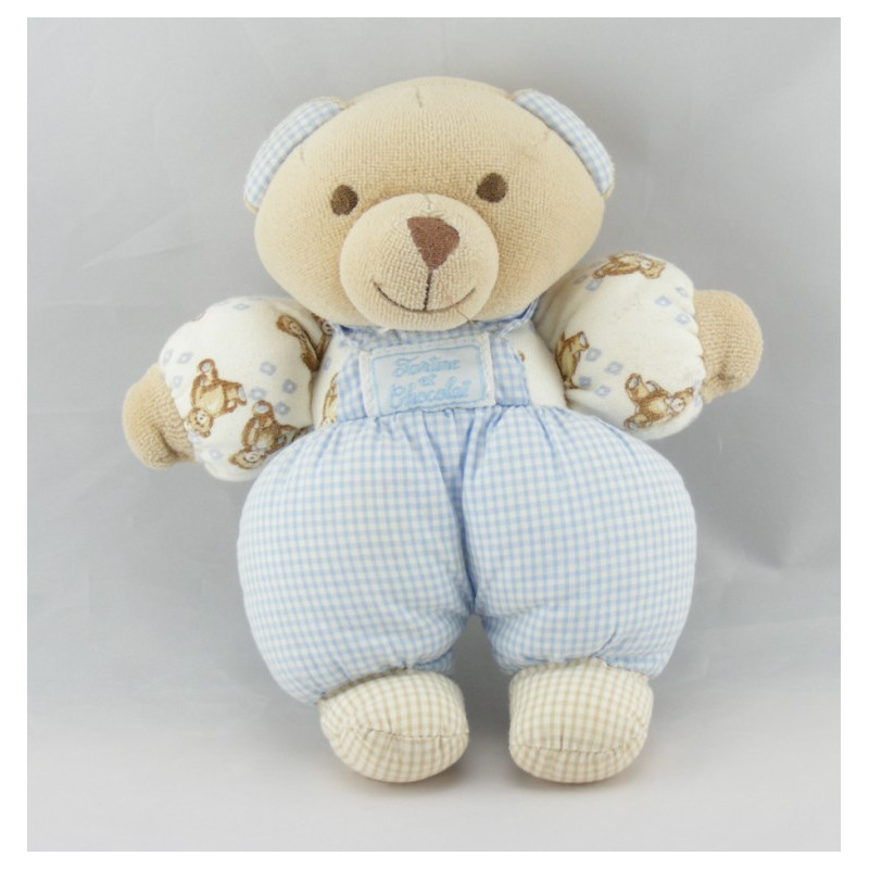 Doudou ours salopette carreaux bleu clair TARTINE ET CHOCOLAT