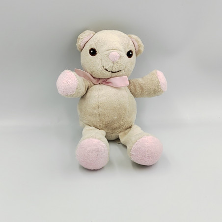 Doudou ours beige blanc noeud rose H&M