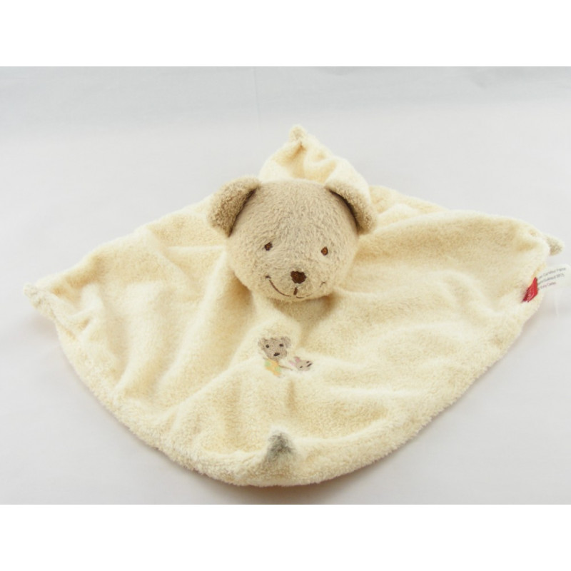Doudou plat  carré ecru jaune ours TEX 