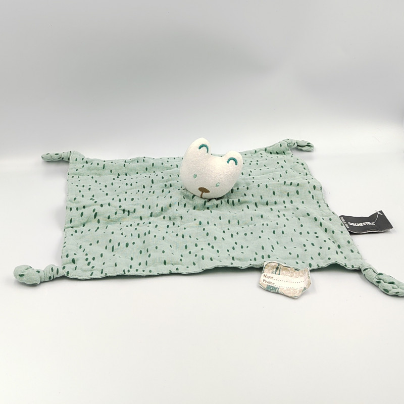 Doudou plat chat blanc bleu vert pois ORCHESTRA