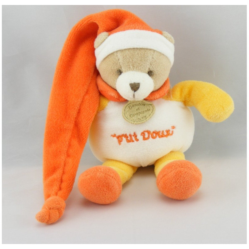 Doudou et compagnie ours ptit doux orange avec mouchoir 