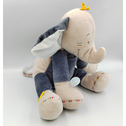 Nicotoy Peluche géante éléphant assis beige bleu 40 cm