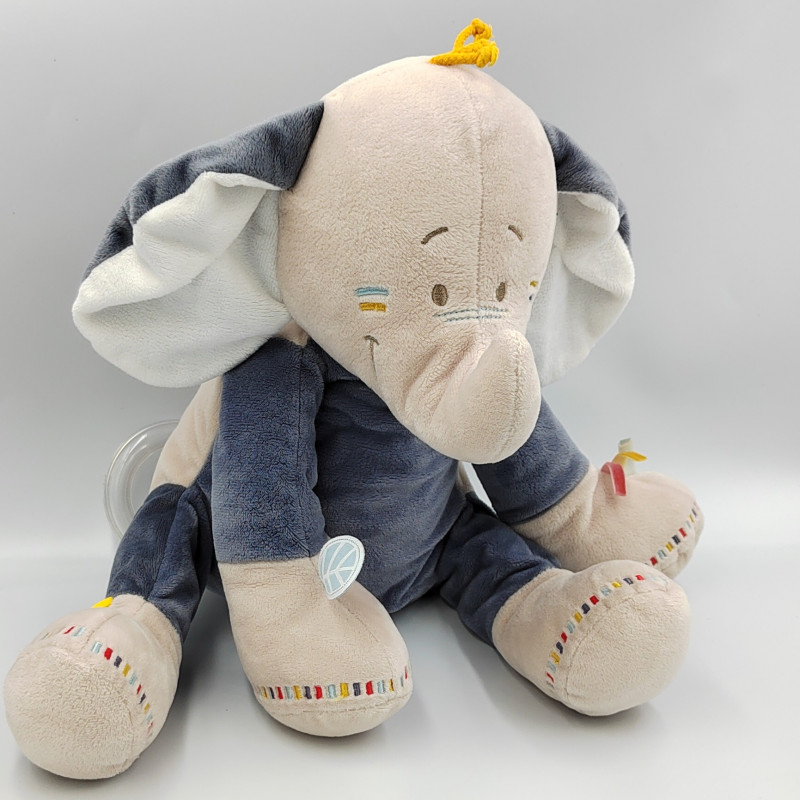 Grand Doudou éléphant Bao bleu beige blanc avec anneau NOUKIE'S