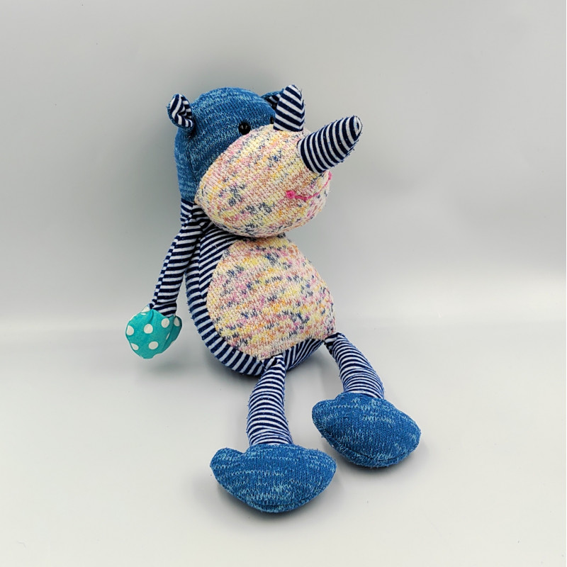 Doudou rhinocéros bleu rayé laine ZARA