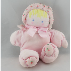 Doudou poupée bébé tendre rose fleurs rouge COROLLE 1993