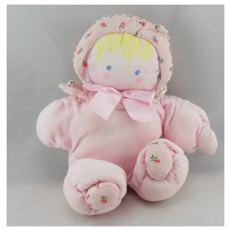 Doudou poupée bébé tendre rose fleurs rouge COROLLE 1993