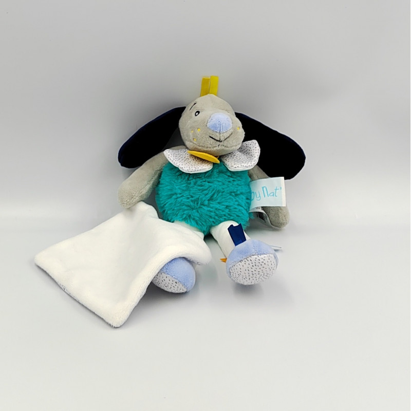 Doudou chien bleu vert gris blanc jaune Pépin mouchoir Baby nat