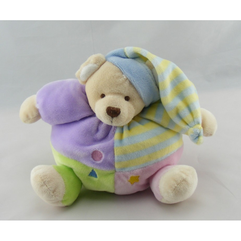 Doudou ours boule mauve vert jaune bleu avec bonnet CMP