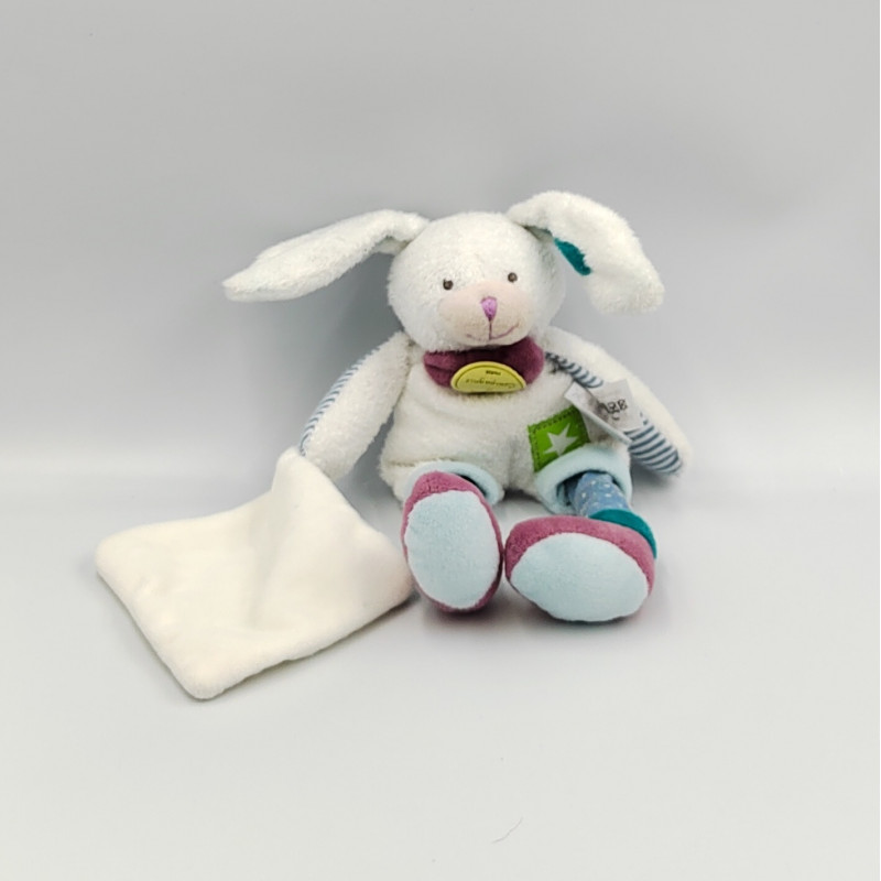 Doudou et compagnie lapin blanc bleu rose pois mouchoir Les Ptitous