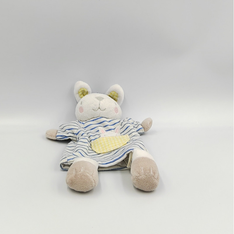 Doudou plat marionnette lapin blanc bleu jaune rayé SERGENT MAJOR