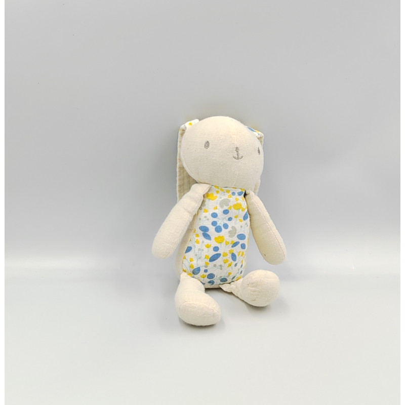 Doudou lapin blanc écru bleu jaune tissu KLORANE BOTANIQUE