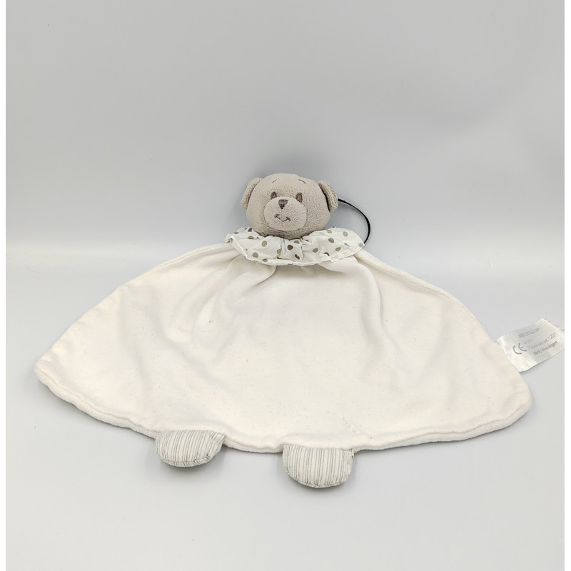 Doudou plat ours blanc gris pois Oscar J-LINE