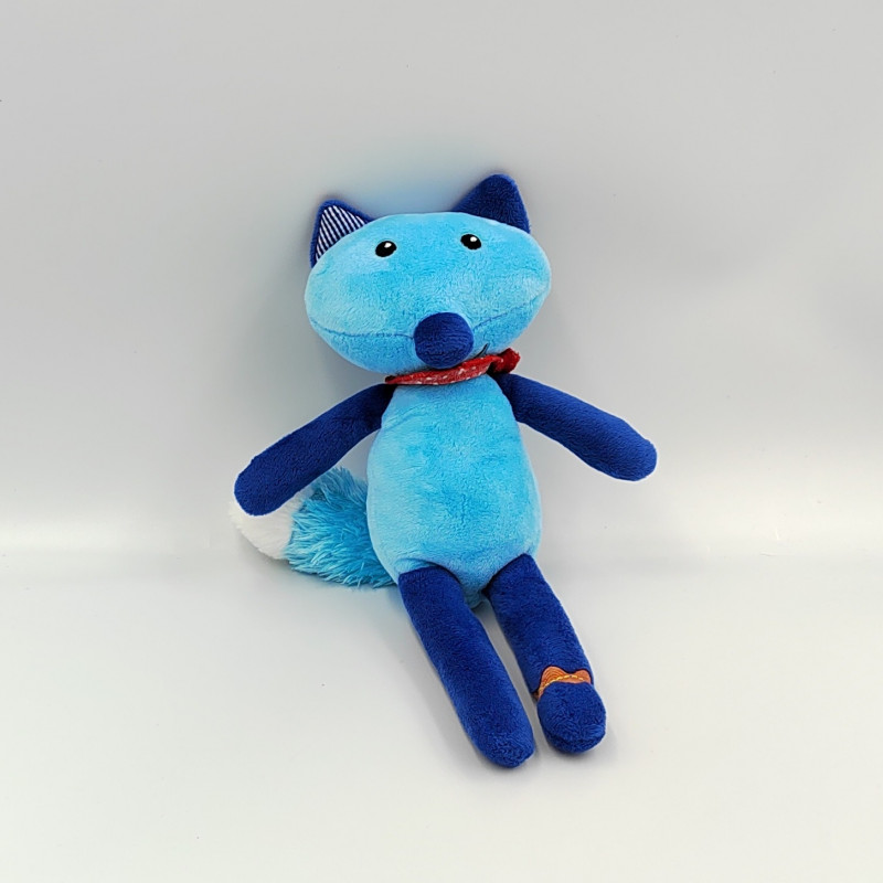 Doudou renard bleu écharpe rouge JEMINI