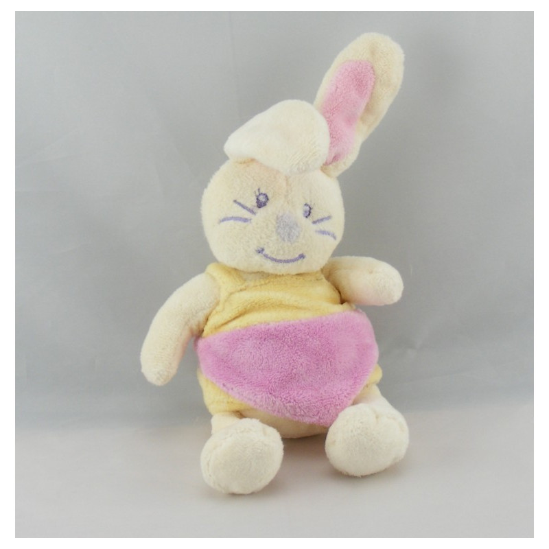 Doudou lapin blanc robe jaune tablier rose INFLUX