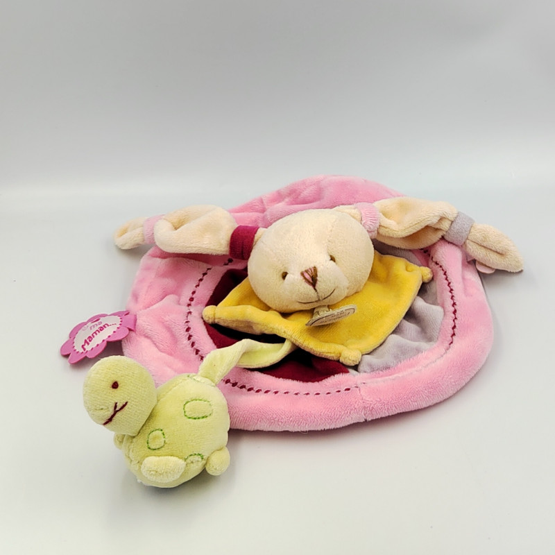 Doudou et compagnie plat rond lapin rose jaune tortue J'aime Maman Papa