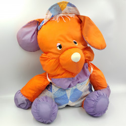 Peluche Puffalump chien orange violet en toile avec salopette casquette