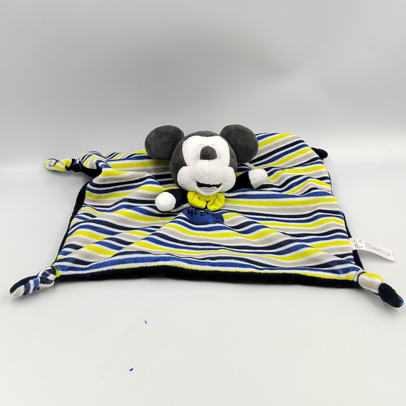 Doudou plat Mickey bleu blanc vert rayé Hello DISNEY