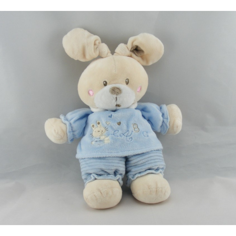 Doudou plat lapin rayé bleu ABC attache tétine NICOTOY
