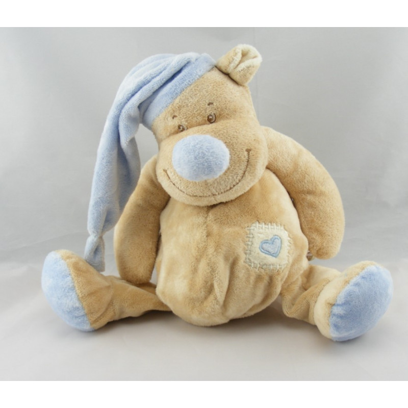 Doudou ours beige Tom bonnet bleu coeur DOUKIDOU