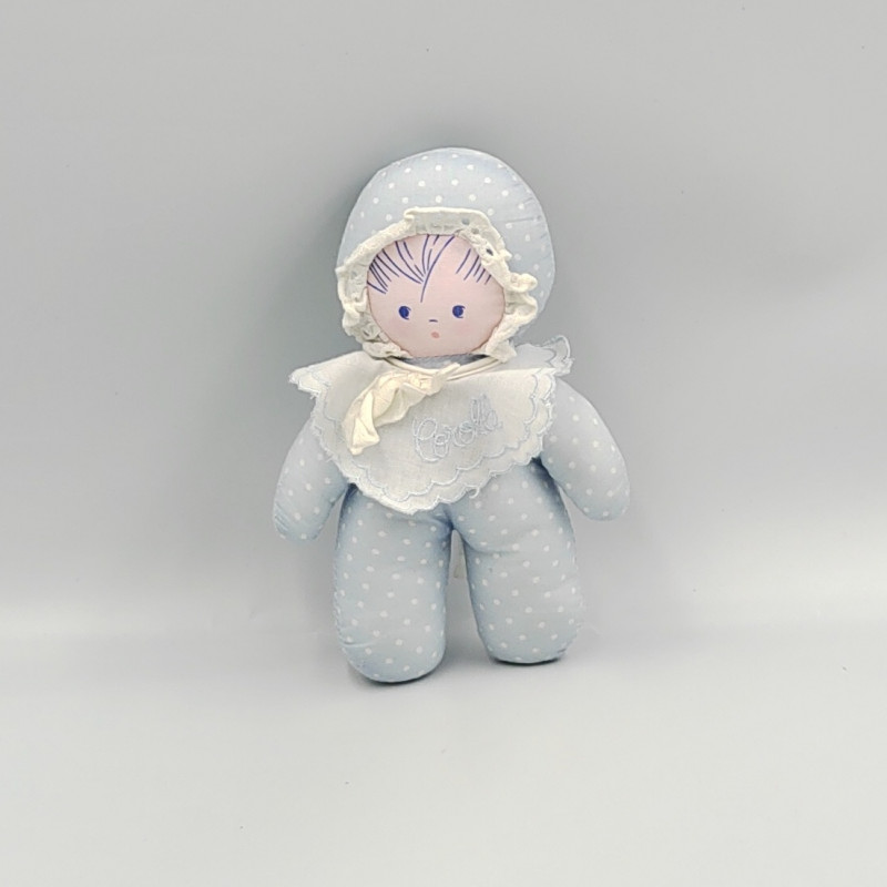 Ancien Doudou poupée chiffon bleu pois bavoir COROLLE