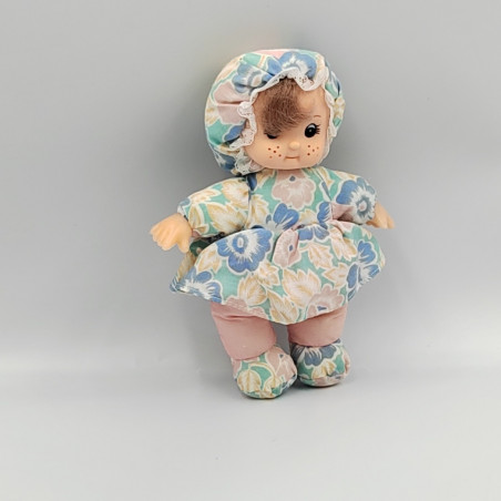 Ancienne petite poupée bleu rose orange fleurs