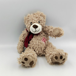Doudou peluche ours beige écharpe rouge ENESCO