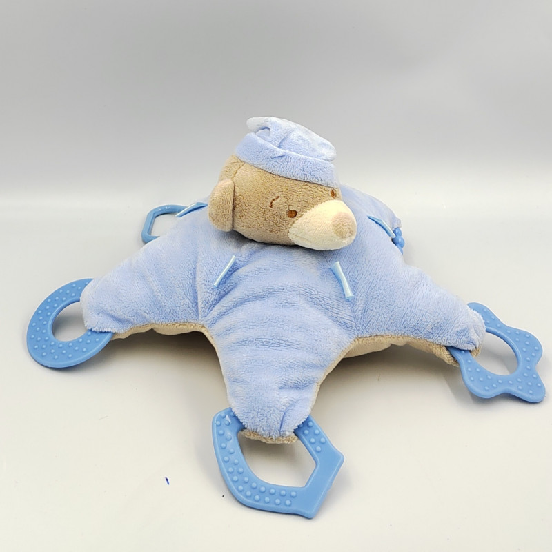 Doudou plat étoile ours bleu beige anneaux SNUGGLE BABY