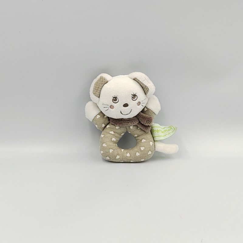 Doudou hochet souris blanc beige Au clair de la lune PREMAMAN