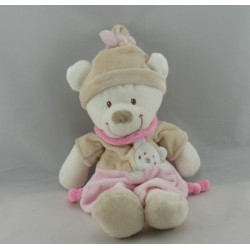 Doudou ours blanc bleu beige bonnet beige empreintes NICOTOY