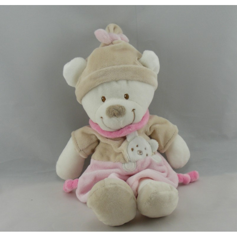 Doudou ours blanc bleu beige bonnet beige empreintes NICOTOY